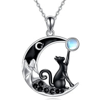 Thumbnail for The Cute Black Kitty Moon Necklace by KittyNook Cat Co.—a unique cat lover gift with mountain and glowing orb details.