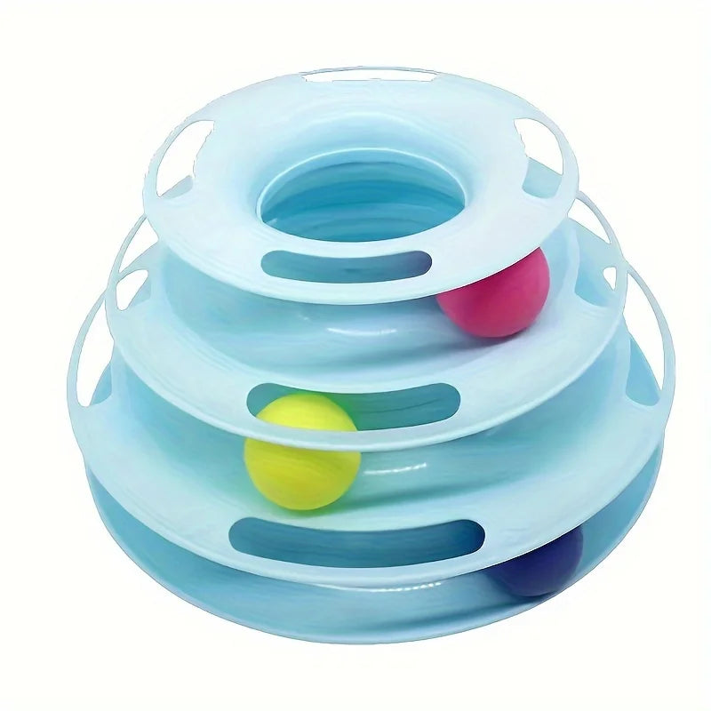 KittyNook Cat Co. 3-Layer Interactive Cat Toy Tower features spinning balls and blue tracks for non-stop feline fun.
