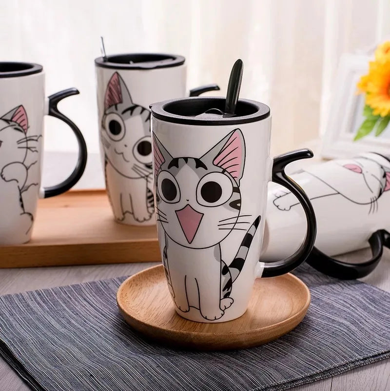 KittyNook Cat Co. Large 600ml Funny Kitty Gift Mug: White with cartoon cat faces, black handle & lid—great cat lover gift!.