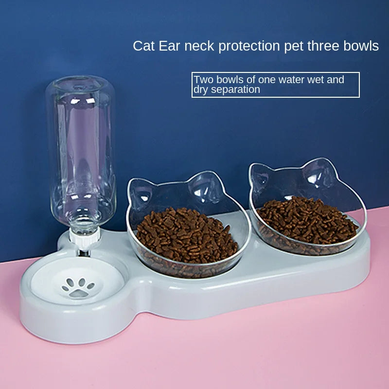 KittyNook Cat Co. Automatic Water Renewal Cat Bowl with cat ear bowls and advanced filtration on a blue background.
