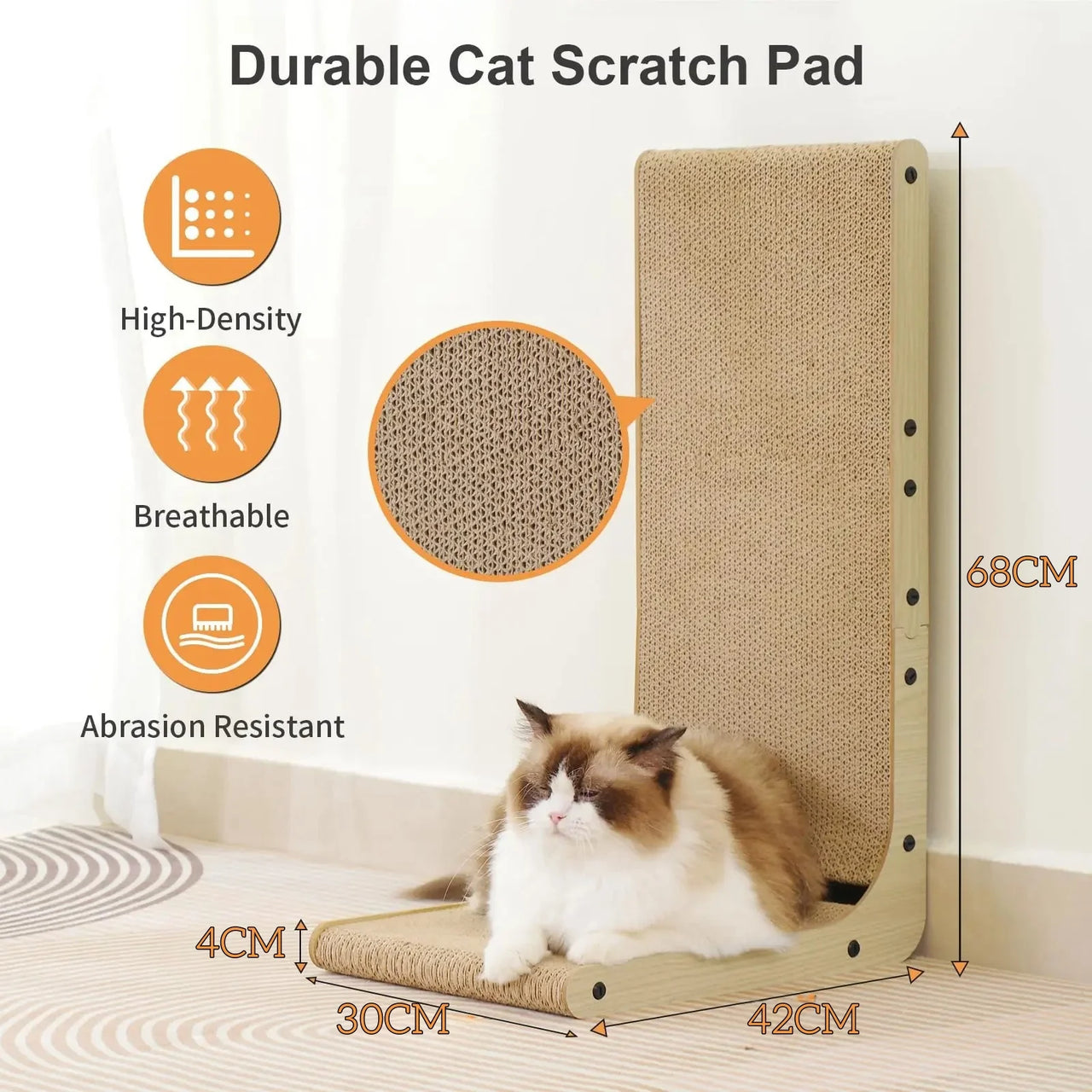 A fluffy cat lounges on a KittyNook Durable L-Shape Cat Scratching Post, protecting furniture with labeled features.