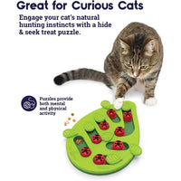 Thumbnail for A cat plays with the KittyNook Cat Co. Interactive Cat Treat Puzzle, a fun toy with ladybug covers on a white background.