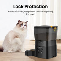 Thumbnail for A fluffy cat sits by the ROJECO Automatic Pet Food Dispenser from KittyNook Cat Co. with smart control features.
