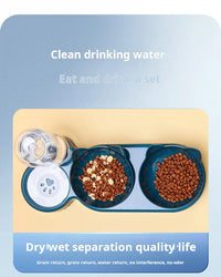 Thumbnail for The KittyNook Cat Co. Cute 3 In 1 Cats Bowls With Water Feeder keeps dry and wet food separate for your pet.