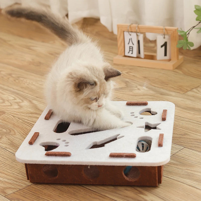 A fluffy kitten enjoys The Ultimate Puzzle Box Toy by KittyNook Cat Co.—the perfect indoor interactive pet toy.