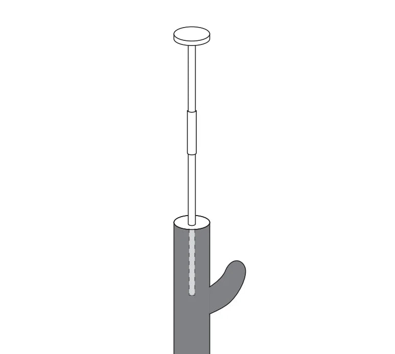 Illustration of the Stylish Cat Climbing Tower by KittyNook Cat Co., a cylindrical tree with plunger and side handle.