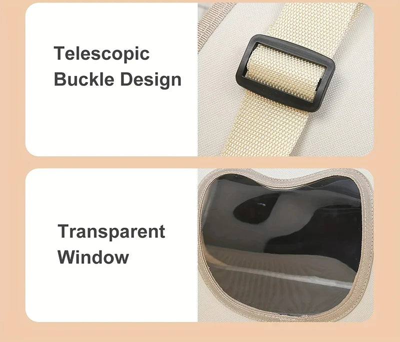 Close-up of KittyNook Cat Co.'s Portable Pet Carrier Bag strap with buckle and window for comfy pet travel.