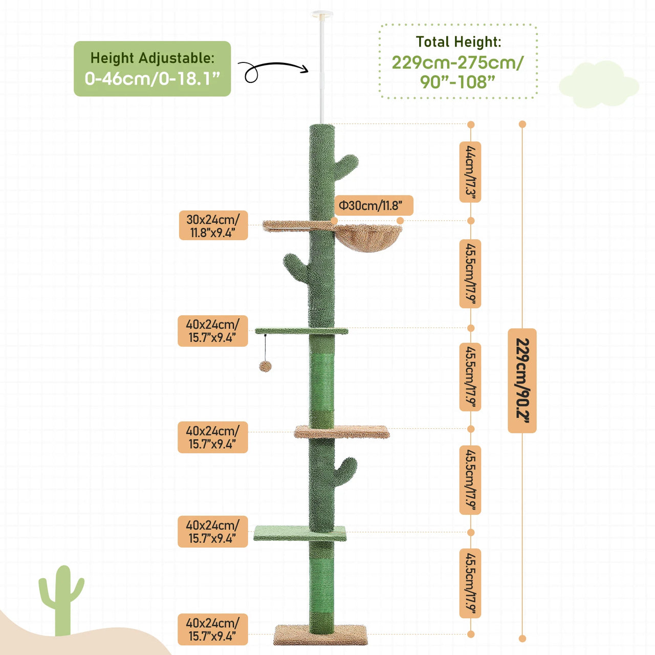 KittyNook Cat Co. Stylish Cat Climbing Tower in green; 229-275cm tall, with platforms, hammock, labeled sizes & spacing.