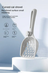 Thumbnail for KittyNook Cat Co. Curved Cat Litter Shovel with slots, ideal for odor-free cleaning, shown upright on white platform.