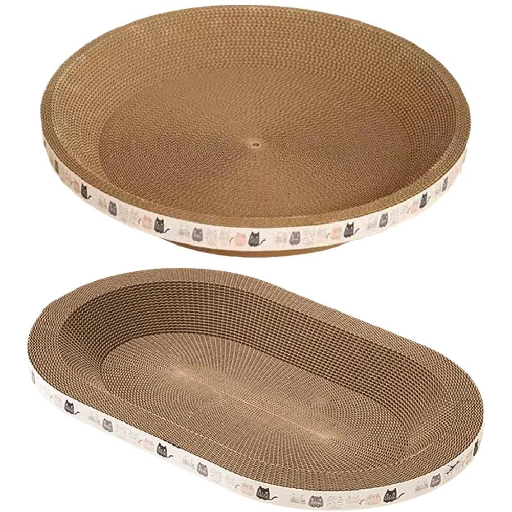 Two KittyNook Cat Co. Cat Scratcher Cardboard beds, round & oval, with cat pattern sides for claw care and protection.