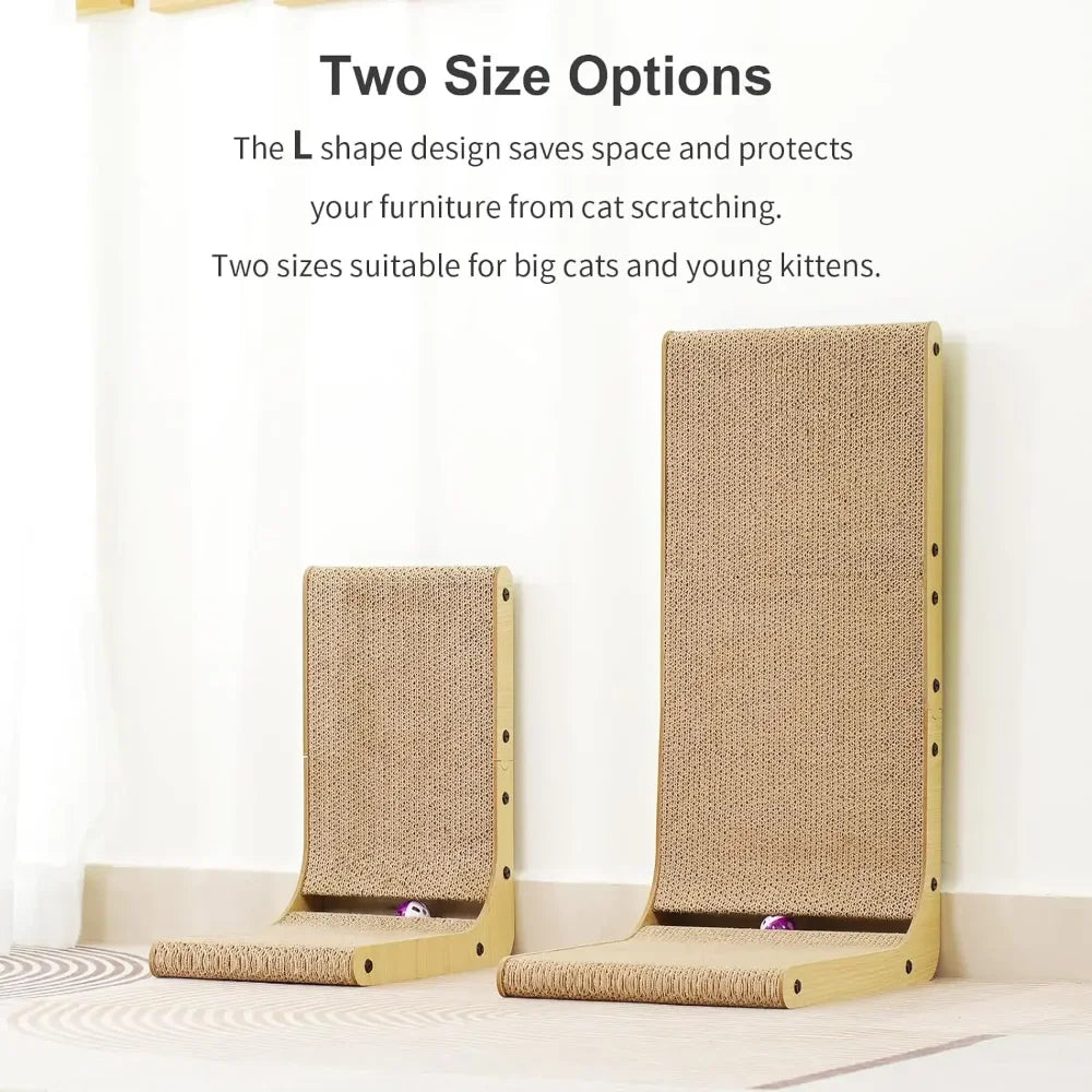 KittyNook Cat Co.’s Durable L-Shape Cardboard Scratching Posts in two sizes protect furniture against a white wall.