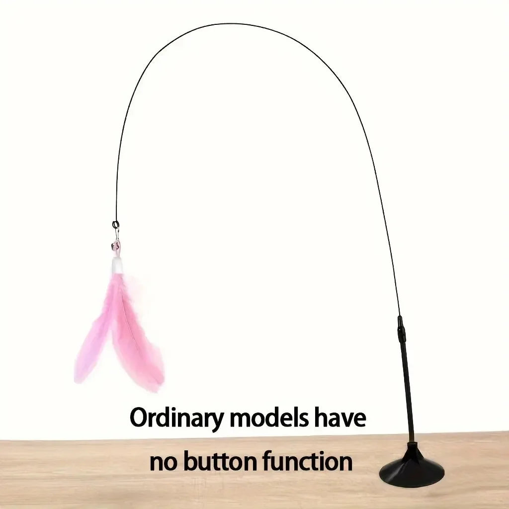 A pink Ultimate Cat Teaser Toy by KittyNook, with bell & feather wand on a flexible black stand. No button function.