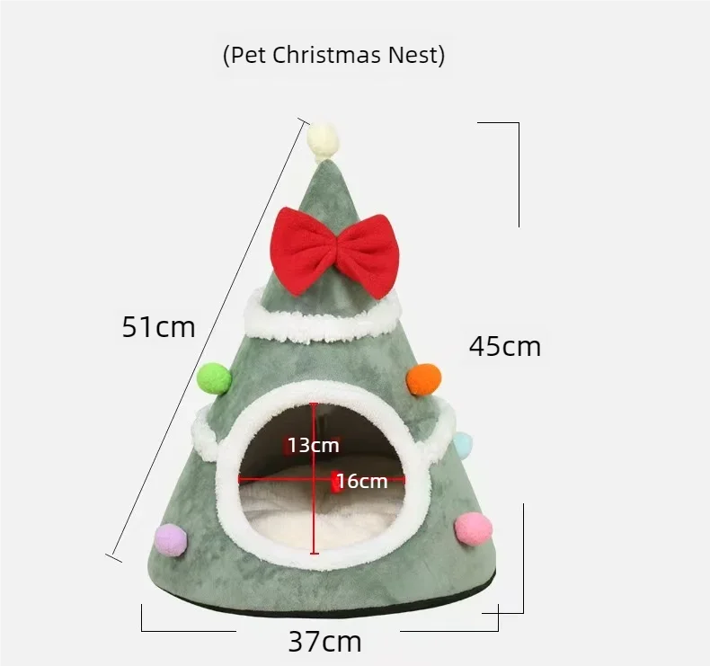 The Christmas Tree Cat Mat by KittyNook Cat Co.—festive green bed with red bow, pom-poms, and holiday nap dimensions.