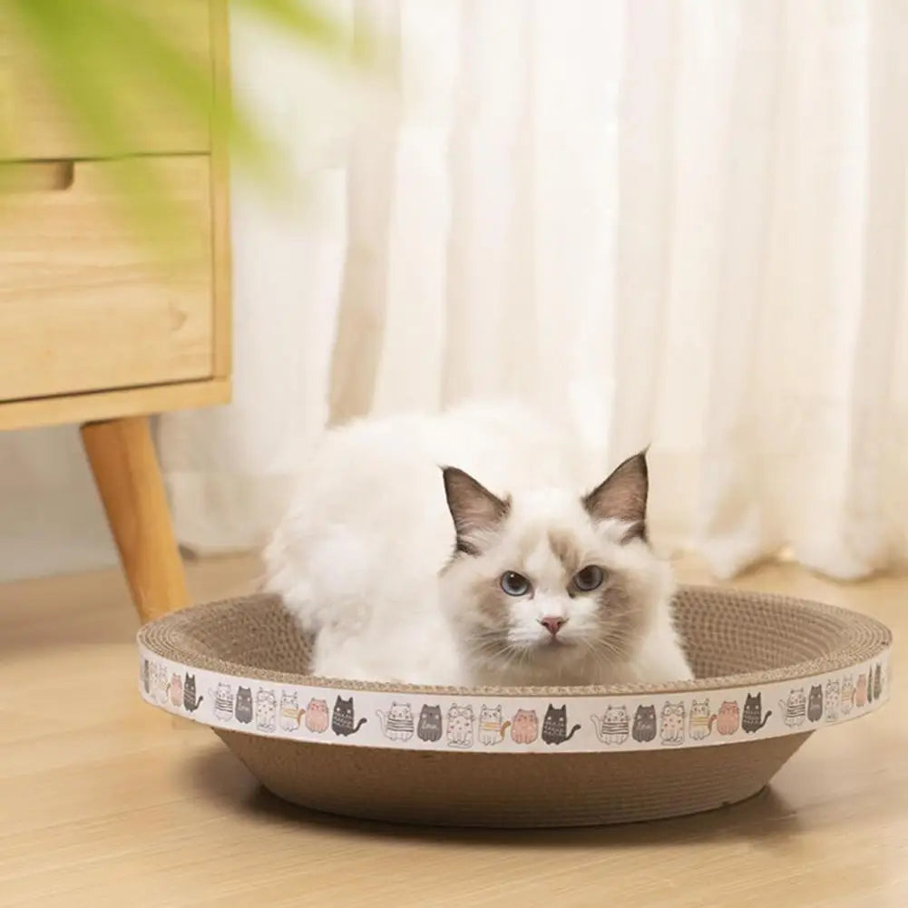 A fluffy white cat with blue eyes lounges in a KittyNook Cat Co. Cat Scratcher Cardboard bed on a wooden floor.