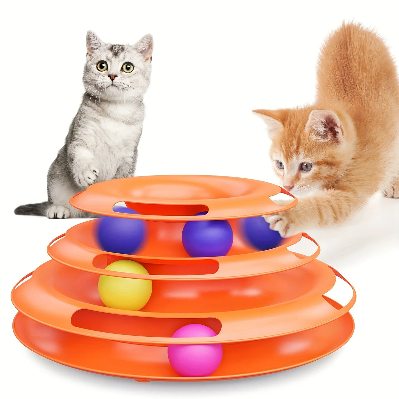 Two kittens play with the KittyNook Cat Co. 3-Layer Interactive Cat Toy Tower with Balls on a white background.