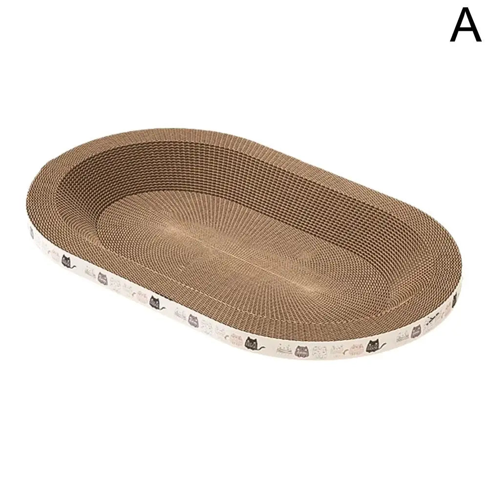 KittyNook Cat Co. Cat Scratcher Cardboard: oval-shaped with white edge, cat faces & "A" label for claw care.
