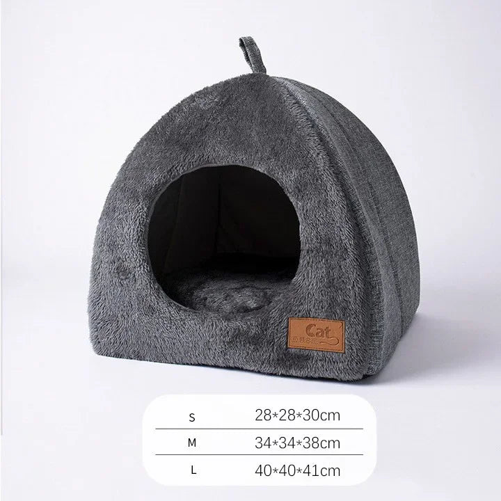 KittyNook Cat Co. Cozy Triangle Cat Cave Bed: gray, tent-shaped, round entrance; sizes S, M, L.