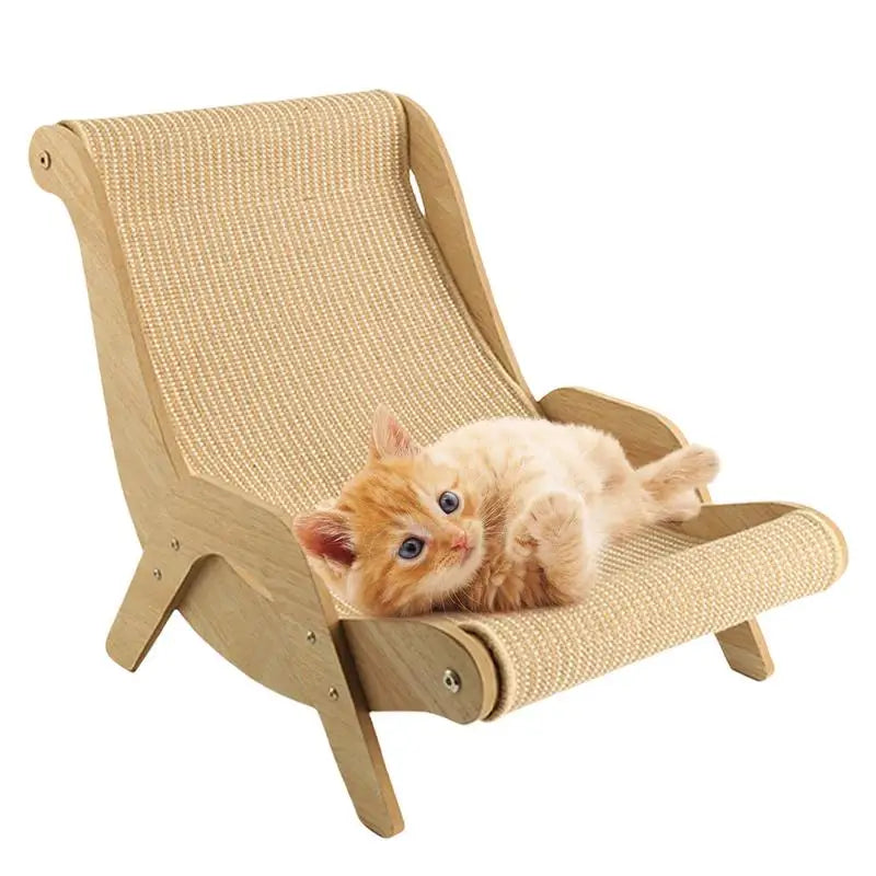 A small orange kitten lounges on the Cat Sisal Wooden Chair by KittyNook Cat Co., which is scratch-resistant.