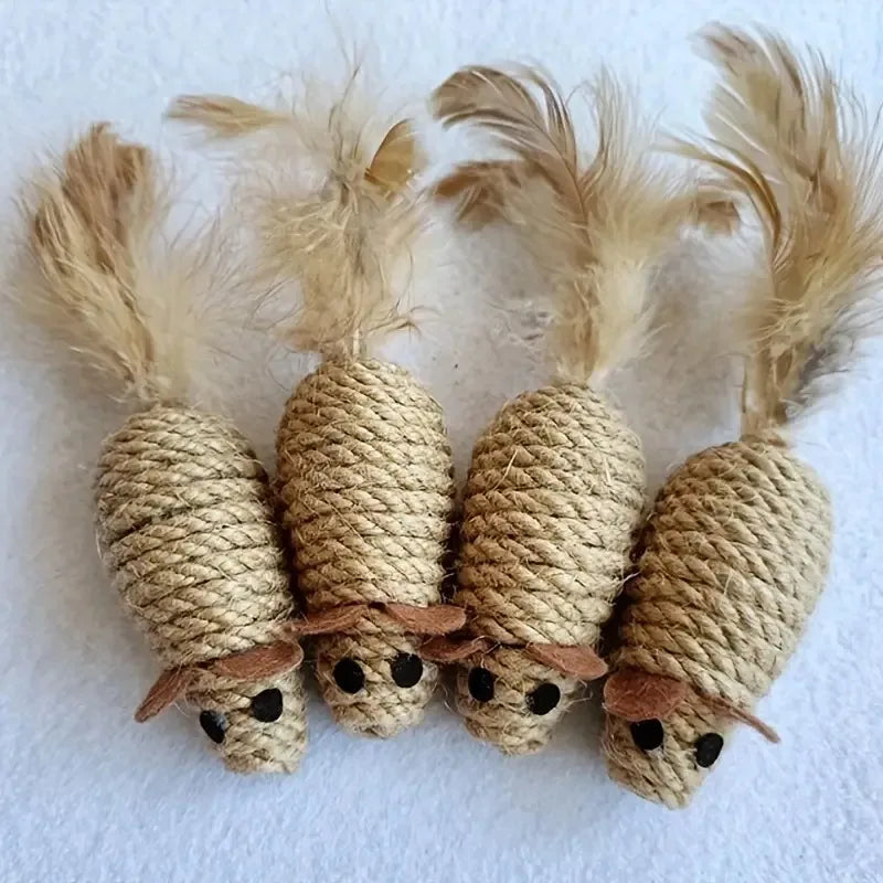 Four KittyNook Cat Co. Sisal Fake Mouse Cat Toys with feather tails, side by side on a white surface.