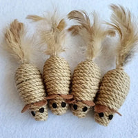 Thumbnail for Four KittyNook Cat Co. Sisal Fake Mouse Cat Toys with feather tails, side by side on a white surface.