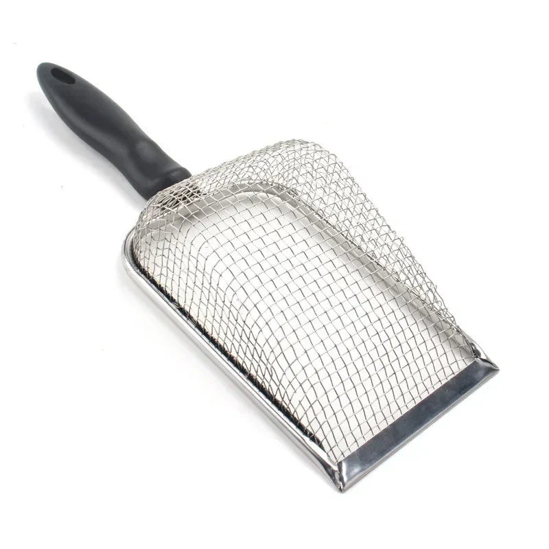 The KittyNook Cat Co. Premium Metal Cat Litter Scoop with Long Handle is perfect for sifting through sand or dirt.