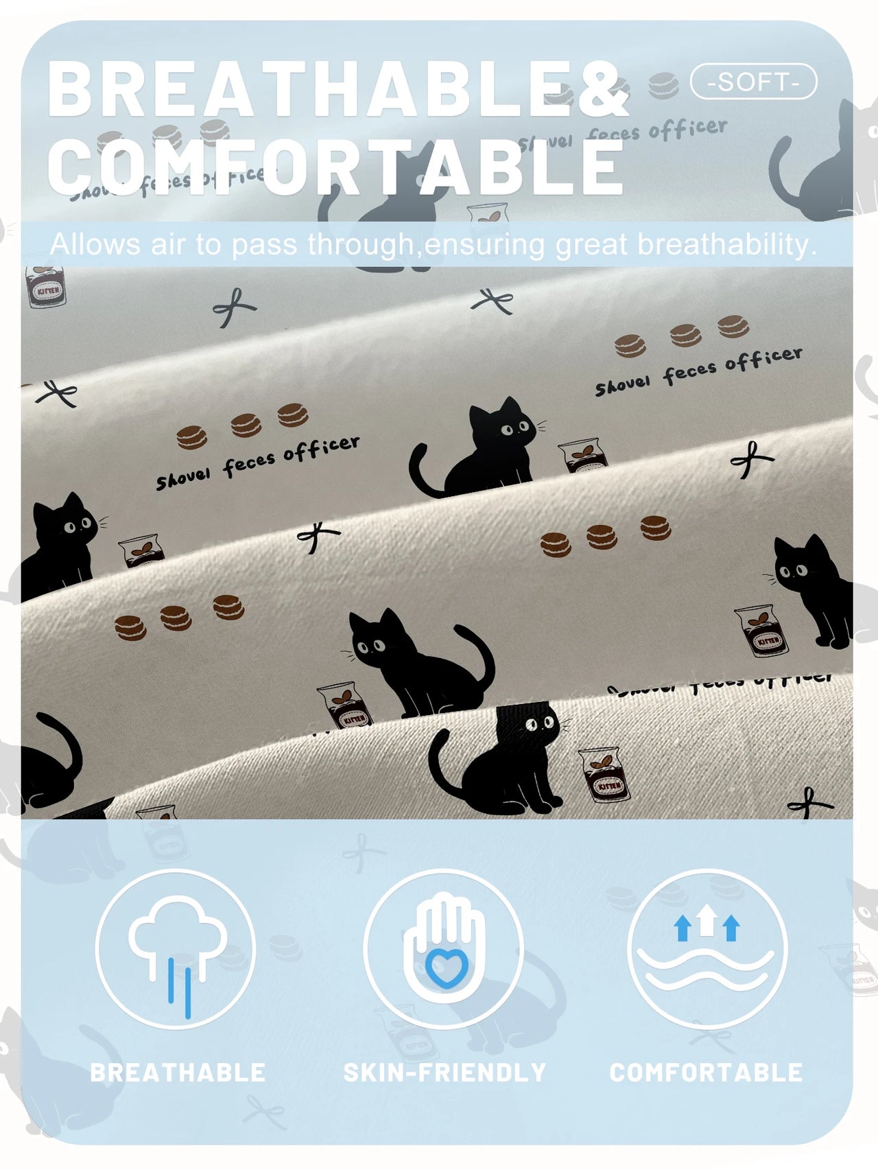 White fabric with black cat and food art—the KittyNook Cat Co. Cozy Cat Design Fitted Sheet is comfy and skin-friendly.