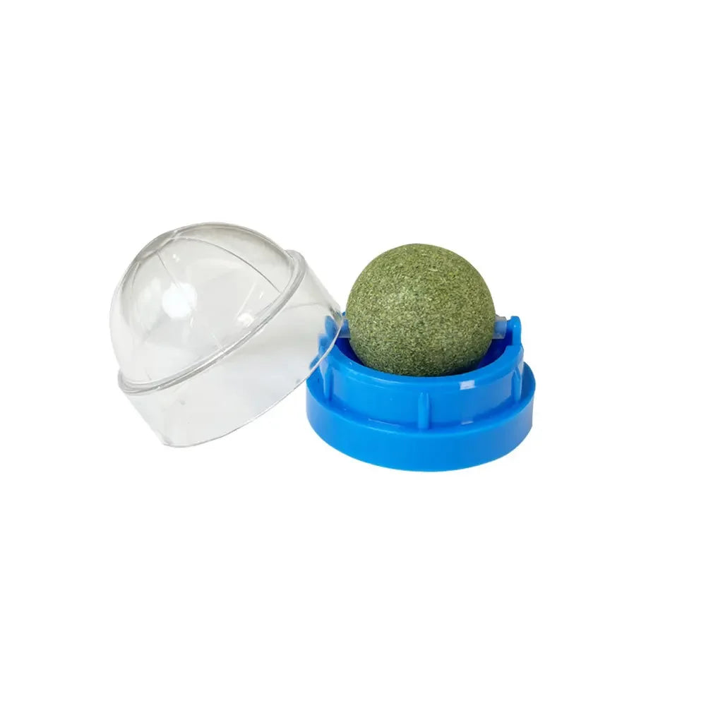 KittyNook Cat Co. Stick-On Natural Catnip Ball for Cats in blue holder with clear lid, shown on white background.