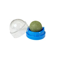 Thumbnail for KittyNook Cat Co. Stick-On Natural Catnip Ball for Cats in blue holder with clear lid, shown on white background.
