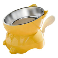 Thumbnail for Yellow KittyNook Cat Co. Elevated Cat Food Bowl with Cute Ear Stand, featuring a removable stainless steel insert.