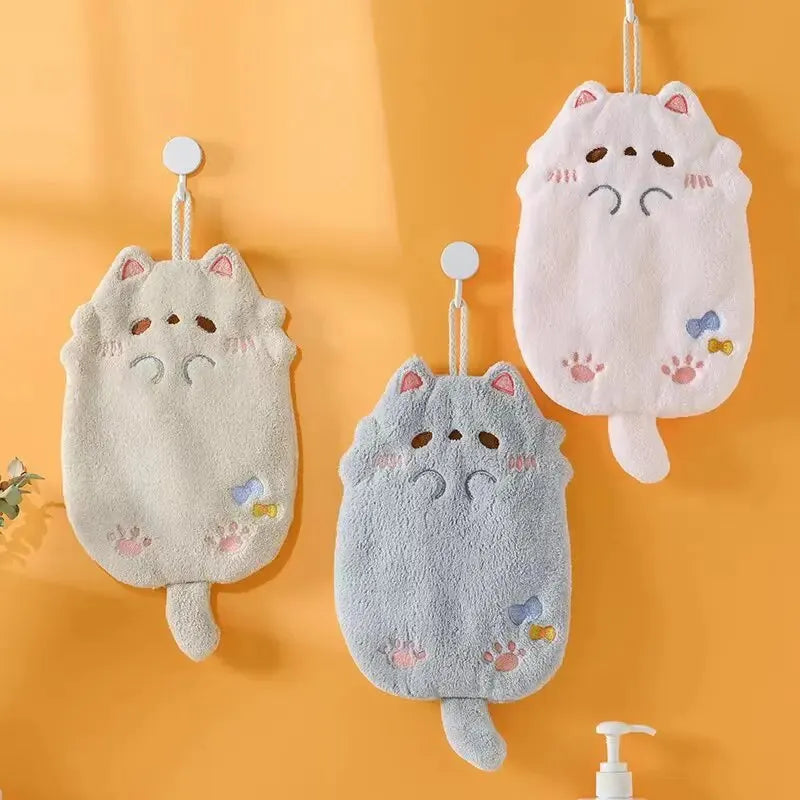 KittyNook Cat Co. Cute Cat Hanging Towels in beige, blue & pink—ideal cat lover gifts for the kitchen.