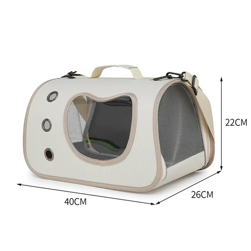 KittyNook Cat Co. Portable Pet Carrier Bag: beige, mesh windows, 3 air holes, 40x26x22cm—perfect for pet travel.