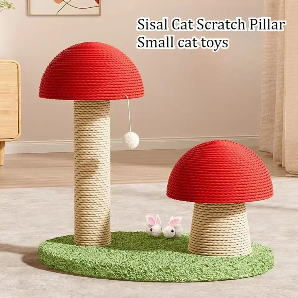 KittyNook Cat Co. Decorative Cat Climbing Post: two mushroom posts on a green mat, includes two white toy mice.