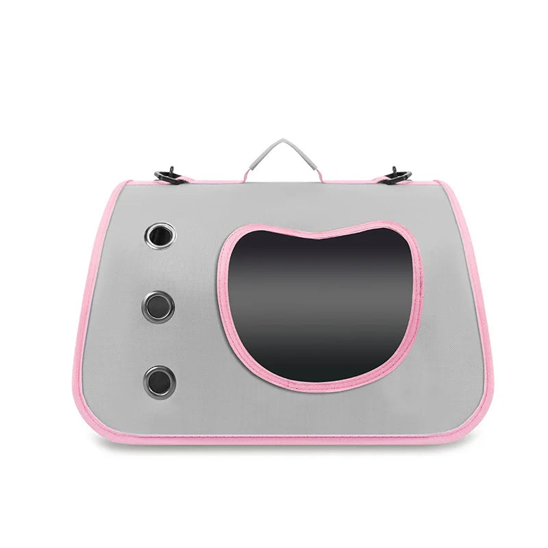 KittyNook Cat Co. Portable Pet Carrier Bag: gray, pink trim, 3 ventilation holes, cat-shaped window for comfy travel.