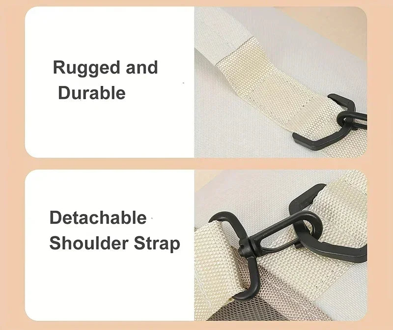 Two close-ups show the beige strap with black clasp on KittyNook Cat Co.’s Premium Foldable Small Cat Carrying Bag.