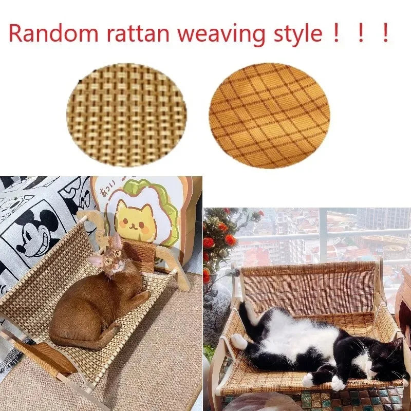 Two cats rest on KittyNook Cat Co.’s Cat Summer Sofa Bed—woven rattan chairs with close-ups of different weaves above.