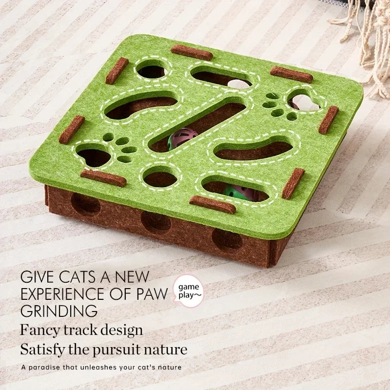 The Interactive Felt Cat Maze Puzzle Box by KittyNook Cat Co. offers fun play and enrichment for your cat.