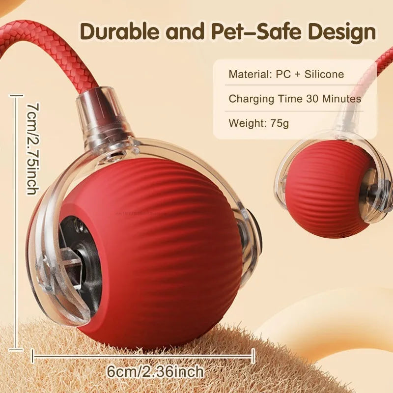 KittyNook Cat Co.'s Smart Rolling Cat Ball offers 4 hours of interactive play, shown with cable on a beige background.