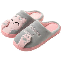 Thumbnail for KittyNook Cat Co. Happy Pawprints Lucky Cat Slippers: gray & pink with cute face, paws, and 