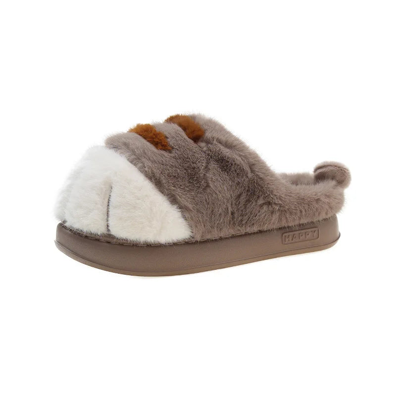 KittyNook Cat Co. Adorable Kitty Claw Slippers: plush brown and white, orange accents, cozy sole.