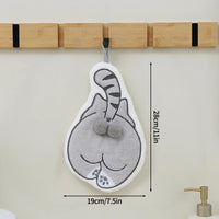 Thumbnail for A Cartoon Cat Hanging Hand Towel shaped like a cat’s backside hanging from a wooden wall hook, with dimensions indicated.