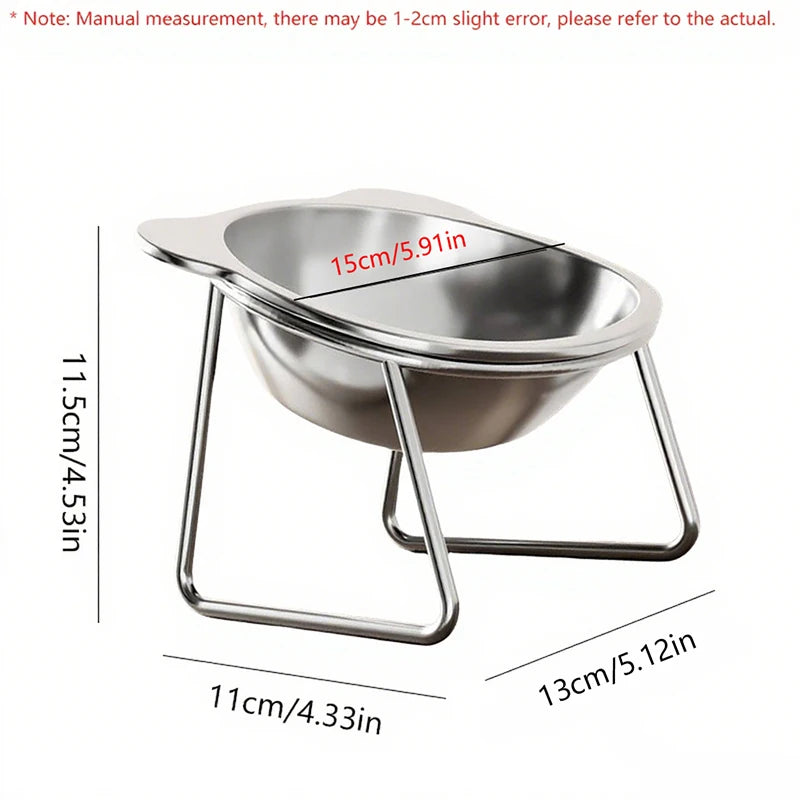 KittyNook Cat Co. Ergonomic Tilted Stainless Steel Cat Bowl, 15cm wide, elevated with stand and handles for cats.
