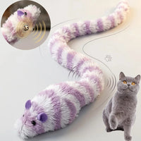Thumbnail for KittyNook Cat Co. Interactive Mouse Chase Toy for Cats: plush purple/white stripes, long tail, sound feature.