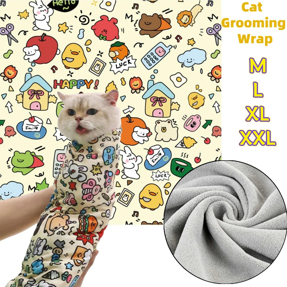 White cat in KittyNook Cat Co.'s Cat Burrito Grooming Wrap—anti-bite/scratch swaddle; texture and size details shown.