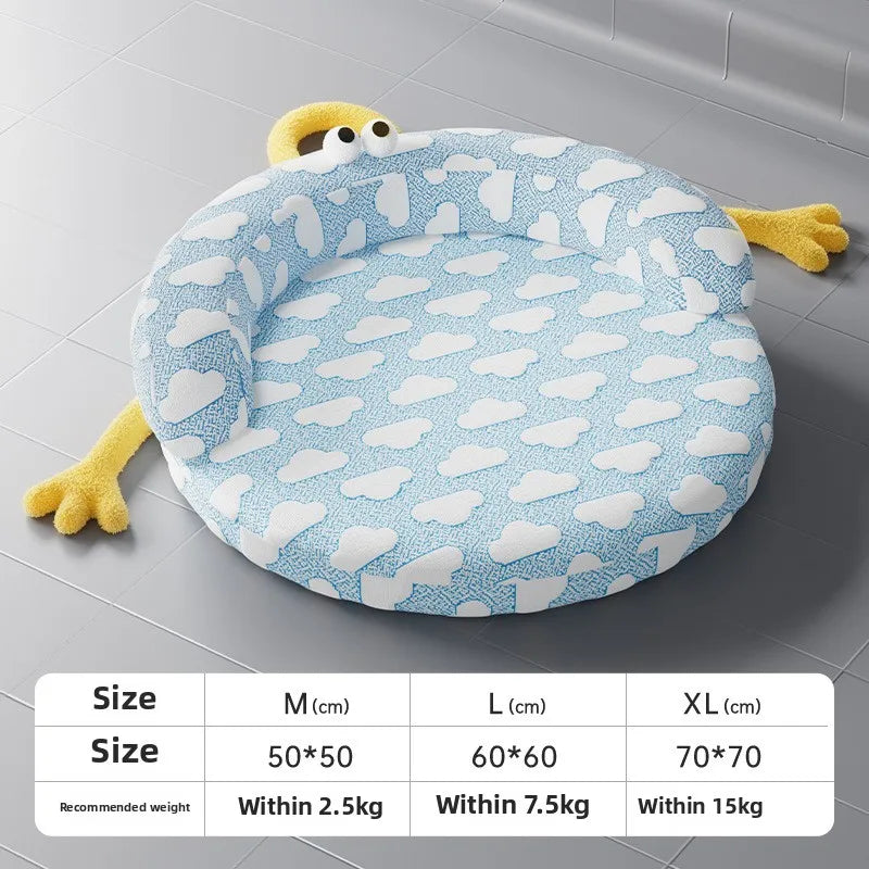 KittyNook Cat Co. Ice Silk Cat Nest: round, blue, cloud print, yellow plush arms, eyes & tail. See size/weight chart.