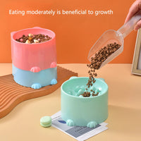 Thumbnail for KittyNook Cat Co.’s Elevated Anti-Choke Slow Feeder Bowl: two paw-shaped bowls and a quote on eating moderately.