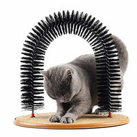 Thumbnail for Gray cat uses the KittyNook Cat Co. 3-in-1 Cat Self-Grooming Arch Toy with pad for stretching and fur removal.