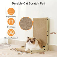 Thumbnail for A fluffy cat sits on the KittyNook Cat Co. Durable L-Shape Cardboard Cat Scratching Post with labeled features and size.