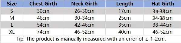 KittyNook Cat Co. Funny Pirate Cat Halloween Costume size chart: chest, neck, length, hat girth; ±1-2cm variance.