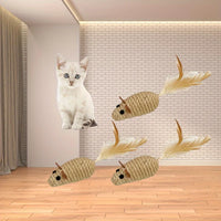 Thumbnail for A white kitten eyes three KittyNook Cat Co. Sisal Fake Mouse Cat Toys with feather tails on a wooden floor.