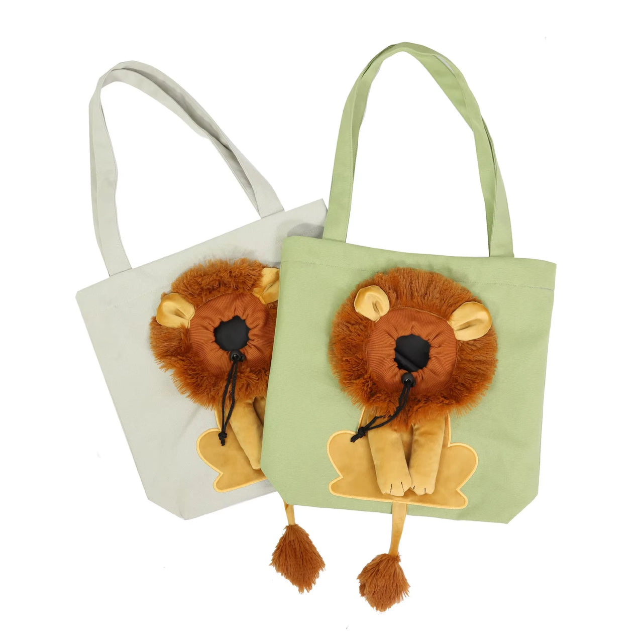 Two KittyNook Lion Design Soft Cat Carrier Bags: one light gray, one light green—each with plush face and dangling tail.